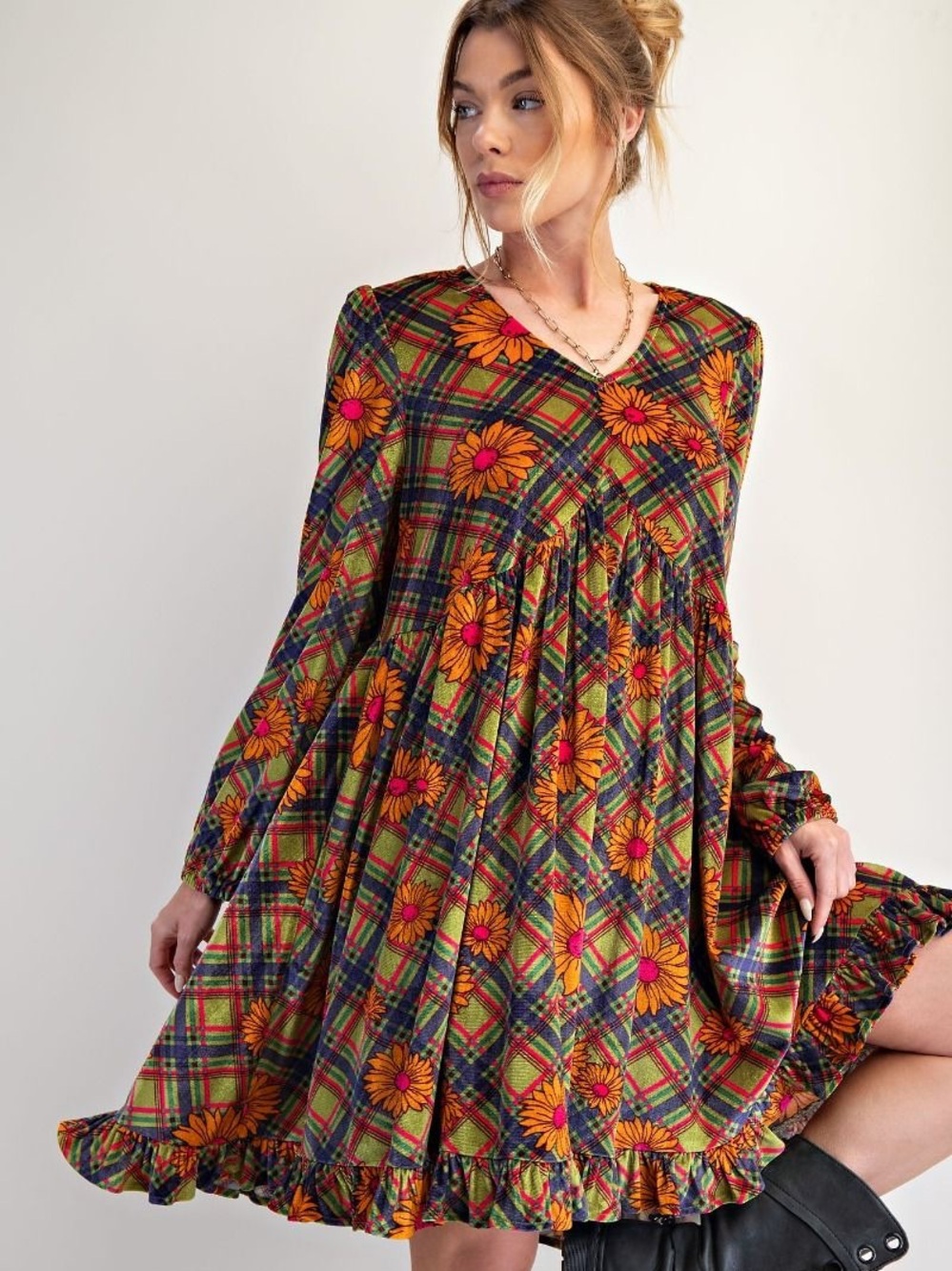 144. Easel LAST 3 velvet velour Black Dress v neck long sleeve oversized stretch